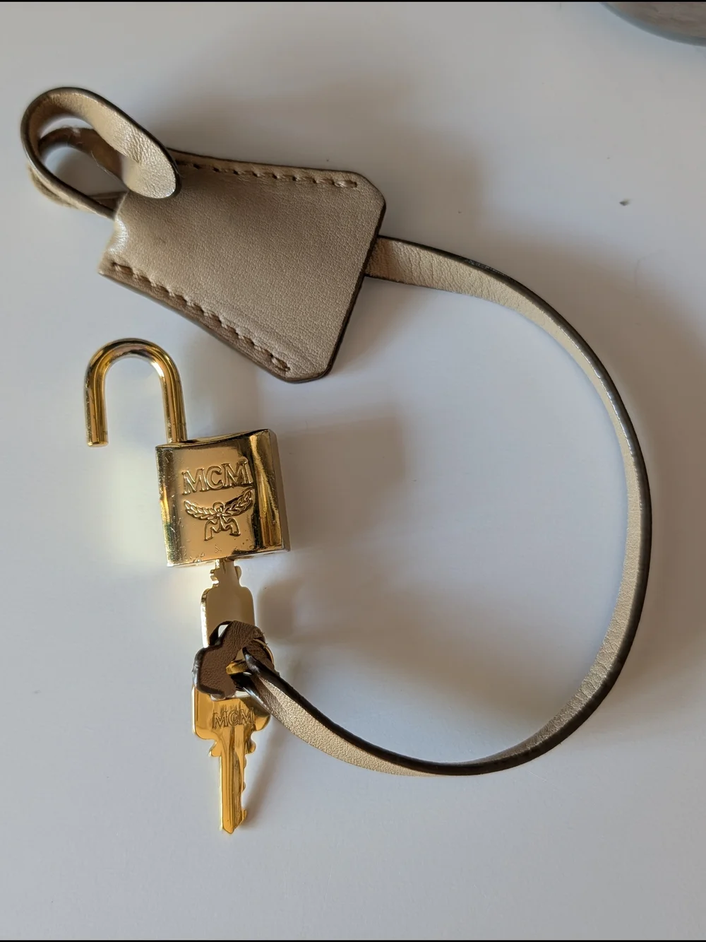 MCM Gold Padlock and Two Keys On Cream Leather Lanyard